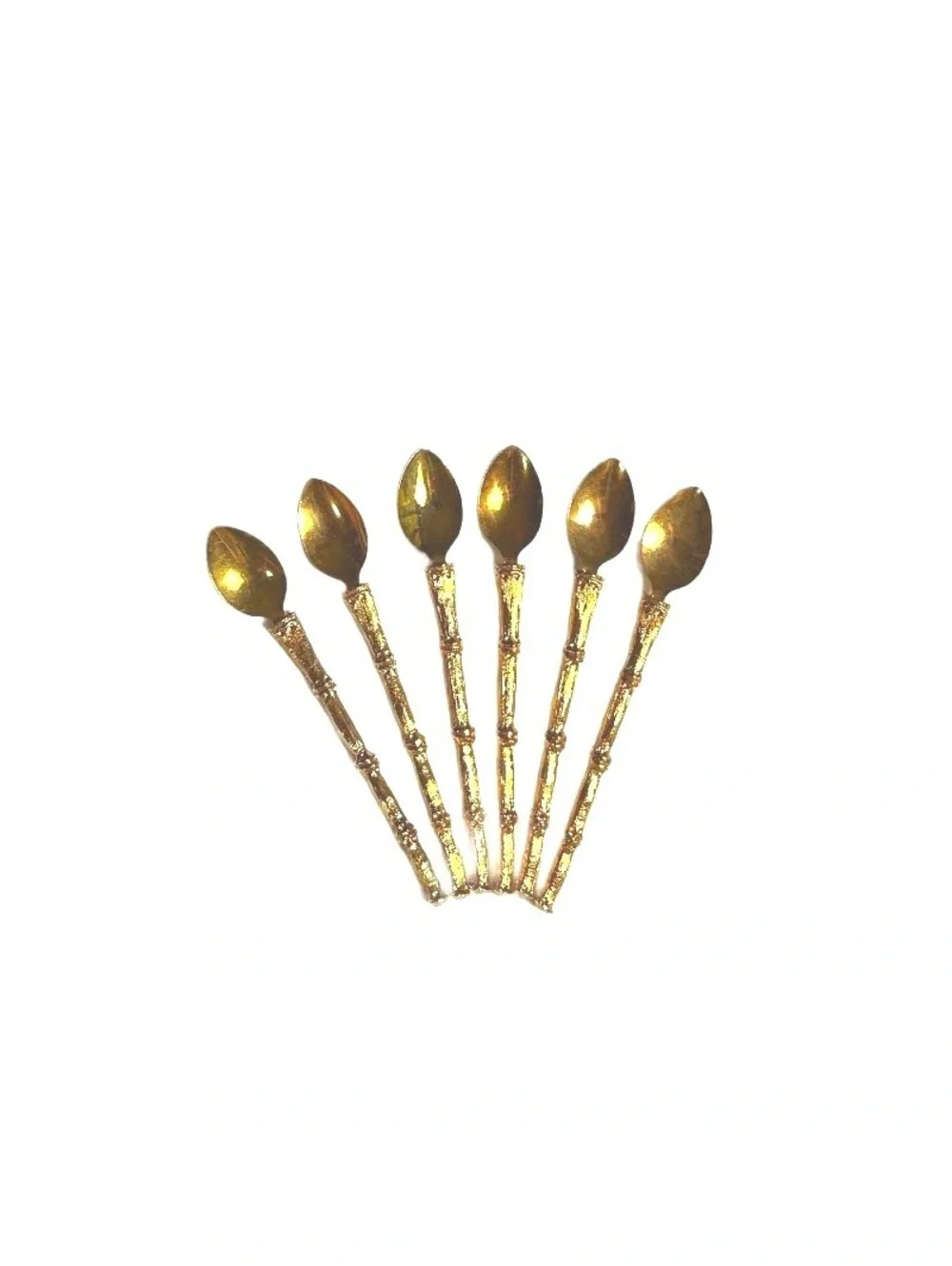 Vintage Gold Tone Bamboo Handle Cocktail Set. 6 Forks, Knives, Spoons